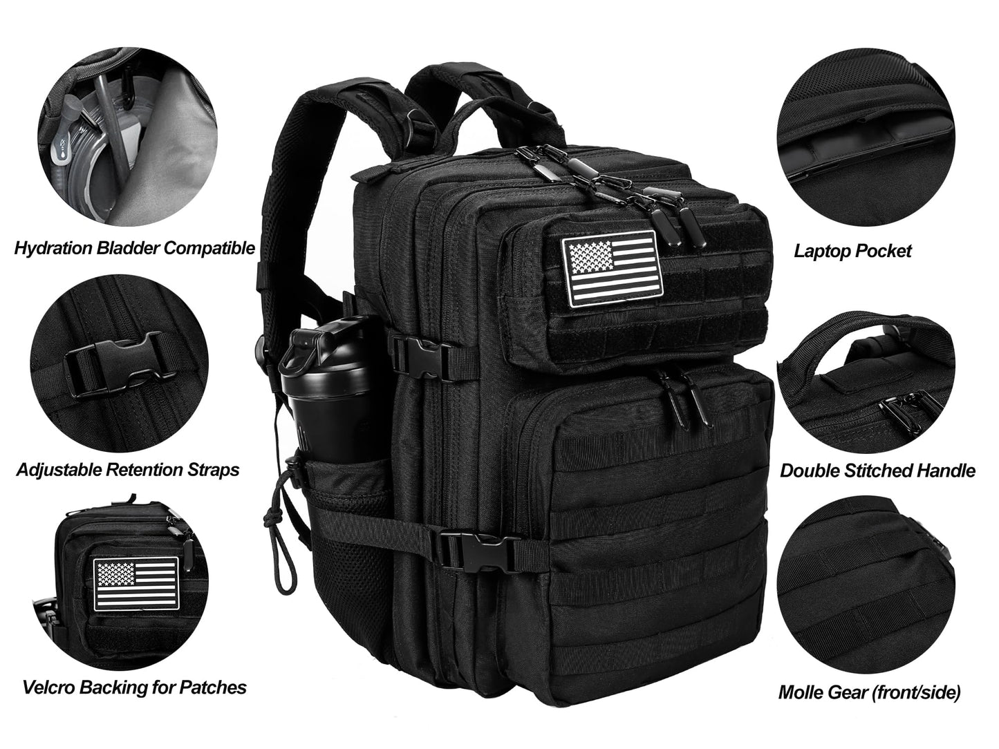 LHI Tactical Military Backpack for Men and Women 35L Army Assault Pack Bag Large Rucksack with Molle System - Black