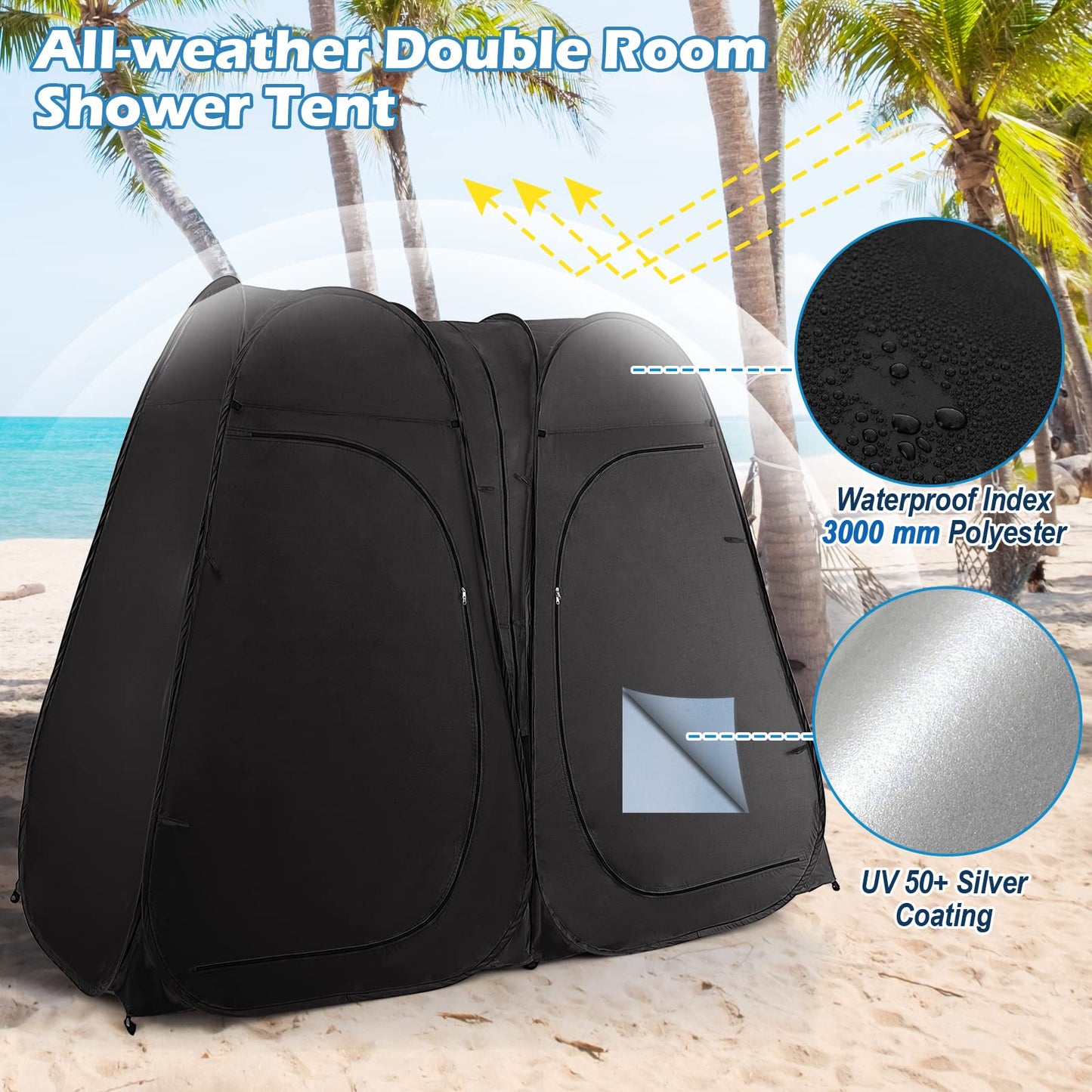 Goplus 2 Room Pop Up Shower Tent, 6.3FT Outdoor Portable Changing Room with Ground Stake, Wind Rope, Carry Bag, Window, Clothesline, Pocket, Privacy Instant Bathroom Tent for Camping Toilet
