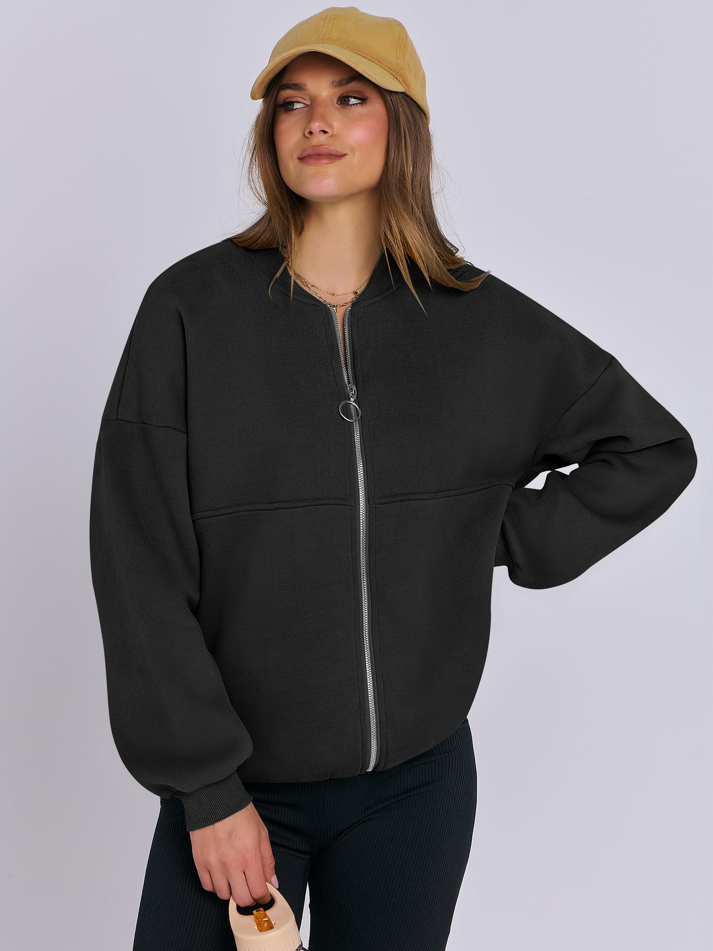 ANRABESS Women's Zip up Oversized Sweatshirts Fleece jacket Coat Long Sleeve Casual Hoodie 2024 Winter Teen Girl Top Clothes Black Small