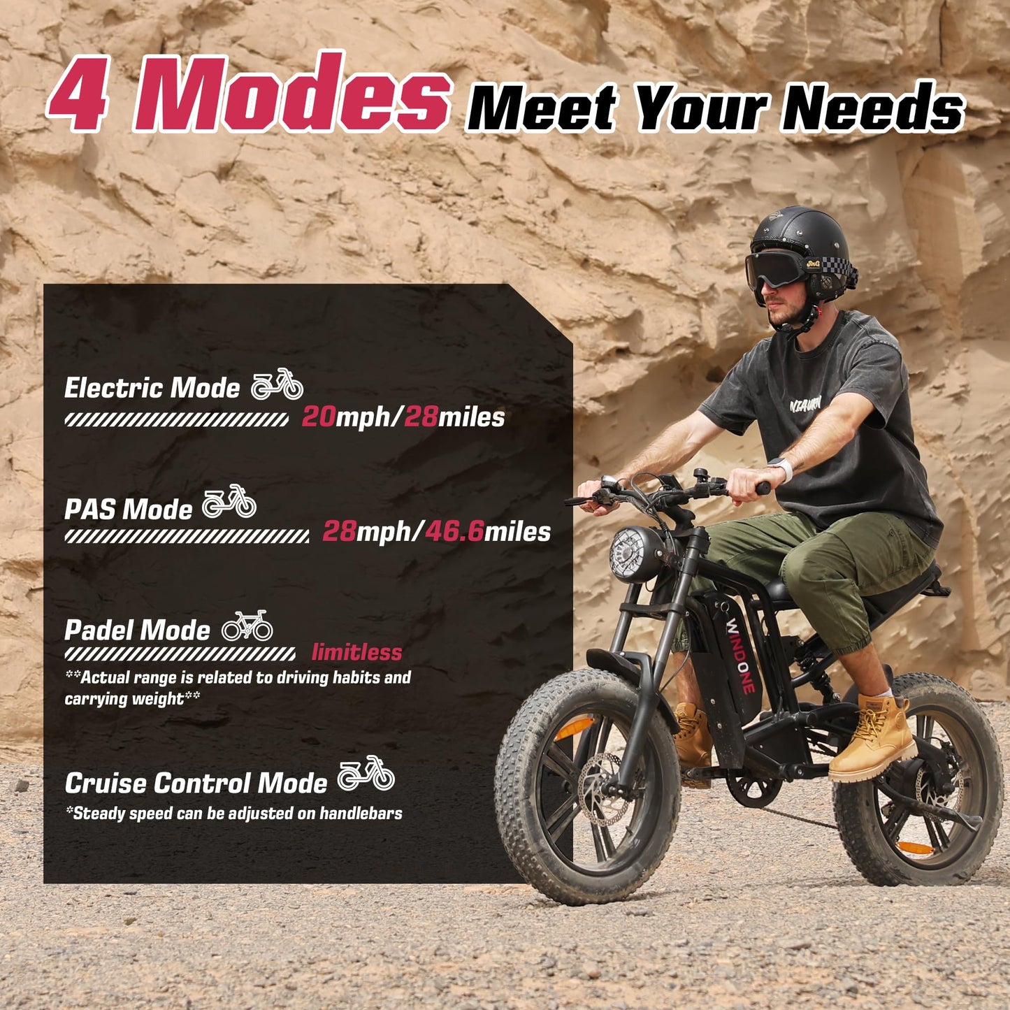 Windone E2 Electric Bike for Adults, Full Suspension, 48V13Ah Removable Battery, Up to 28MPH & 46.6 Miles (PAS), 750W Ebike with All-Terrain 4.0" Fat Tires, Cruise Control, UL Certified, Moped E-Bike