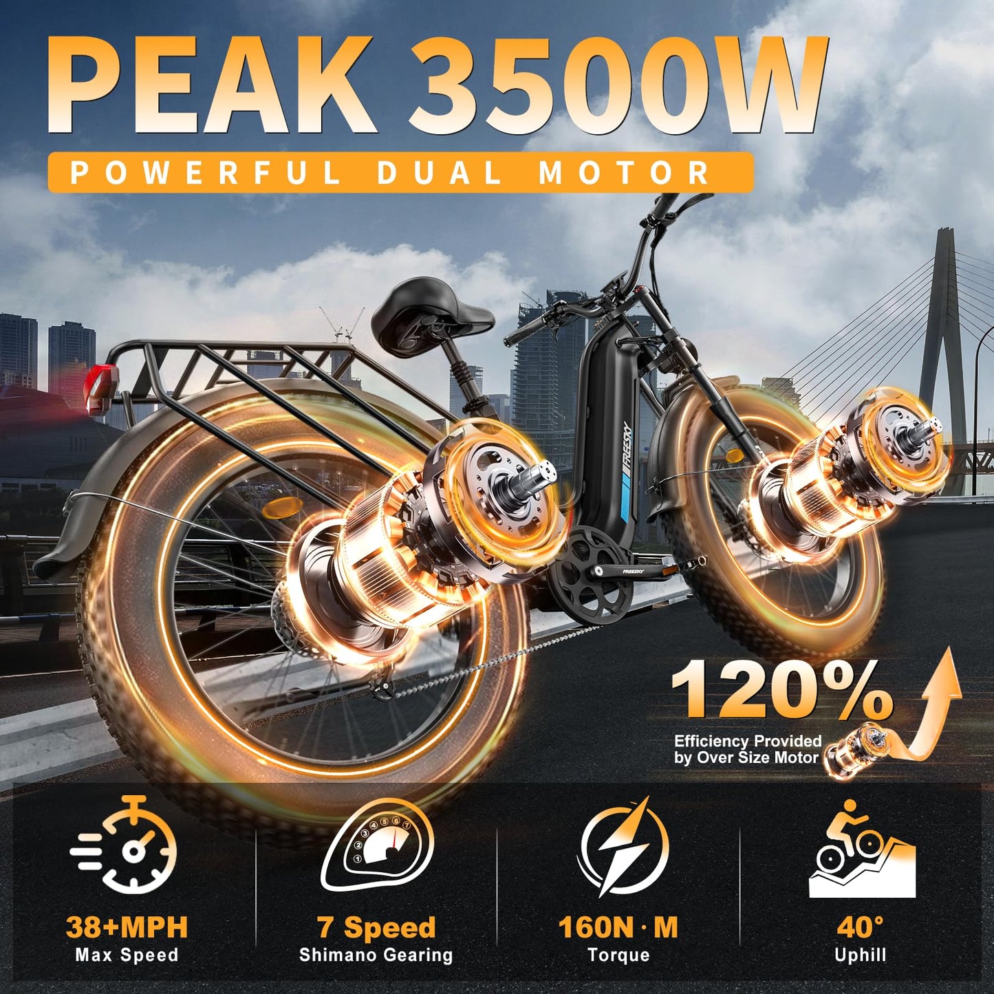 FREESKY Electric Bike for Adults-Dual Motor 3500w 48v 25ah Battery 26x4 Fat Tire 38MPH Electric Bicycle 60-95 Miles Hydraulic Disc Brake Electric Mountain Bike Step-Through Speed Unlocked Ebike