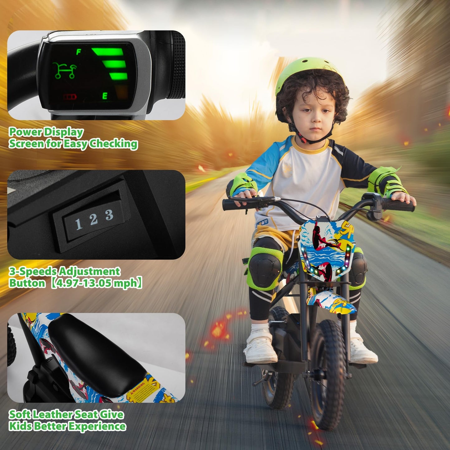 TOBBI Kids Dirt Bike 24V Electric Toddler Motorcycle w/3-Speed Modes, Max Weight 143LBS, Up to 13MPH Off-Road Motor Bike for Children with Dual Brakes, LED Power Display