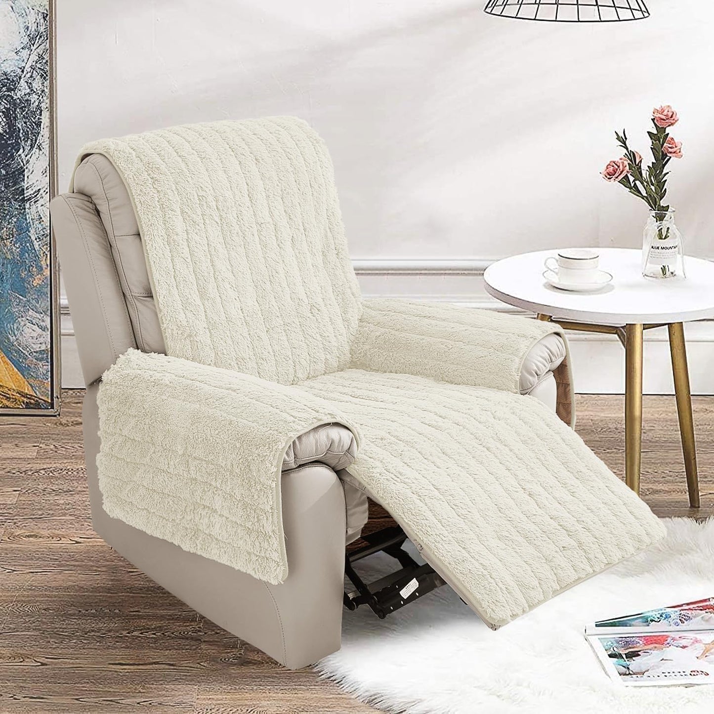 RBSC Home Plush Recliner Slipcover Chair Covers Artificial Wool Lazy Boy Cover Quilted Cover for Recliner Chairs and Furniture (Ivory, 30")