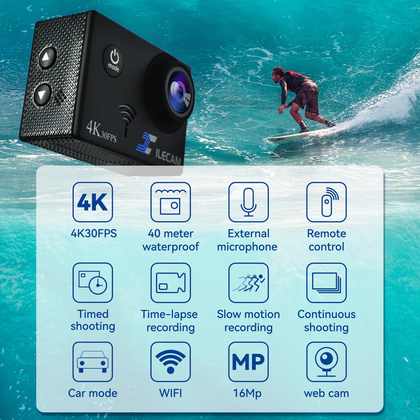 Xilecam Action Camera 4K WiFi/ 2.4 G Remote Control 2 * 1350mAh Battery Waterproof Camera Underwater 131FT 4*Zoom Sports Camera and Multifunctional Accessories (4K+MIC)
