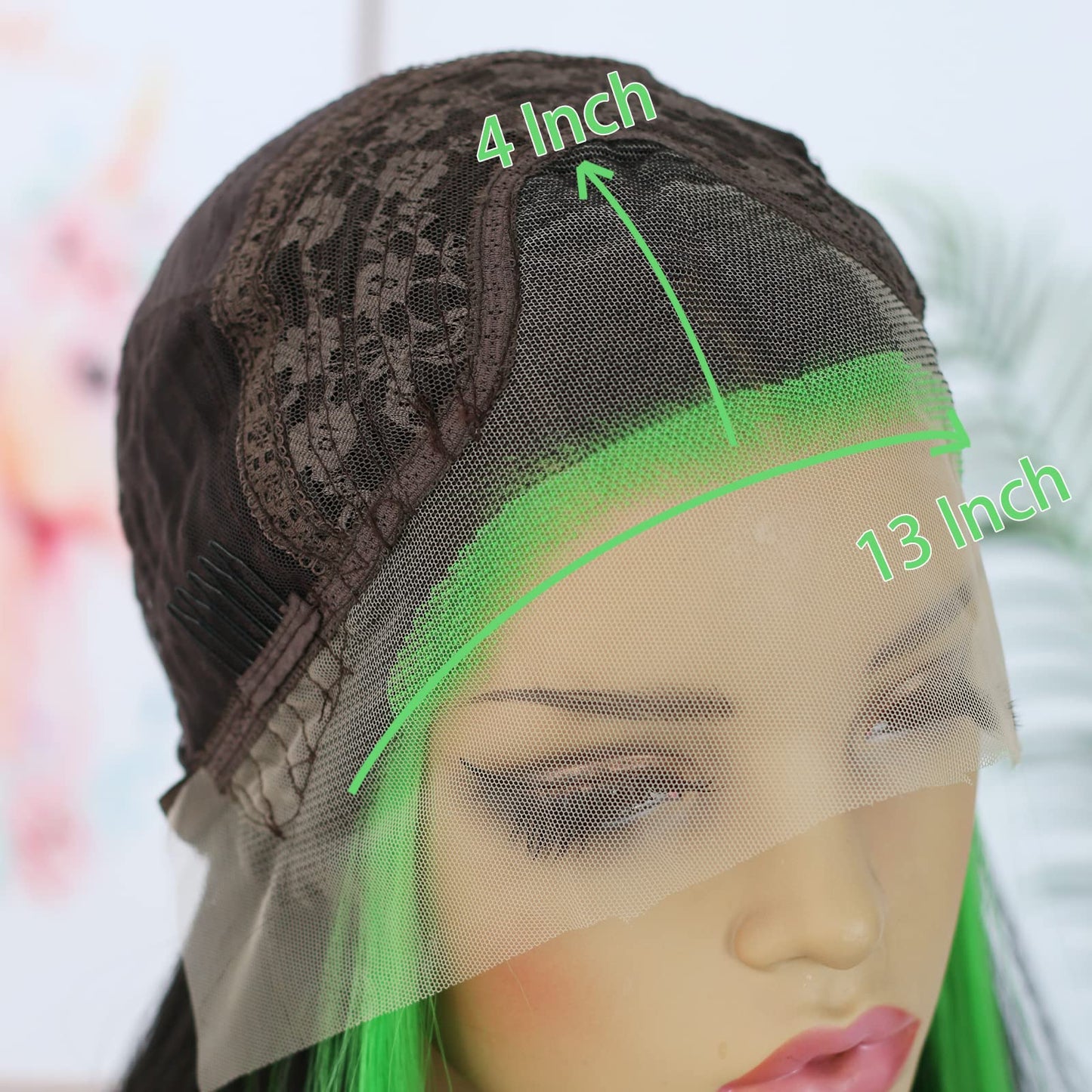 ANDRIA Lace Front Wigs Straight Hair Glueless Lace Wigs Synthetic Long Silk Straight Natural Wig Heat Resistant Fiber Black and Green Skunk Stripe Colorful Wig With Baby Hair For Black Women 24 Inches