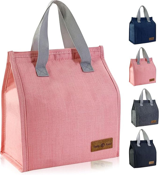 Mziart Minimalist Lunch Bag, Reusable Insulated Bag for Women Men Box Container Leakproof Simple Bento Tote Adults Cooler Work Office Picnic or Travel (Pink) M23HK-LB-005-JJ