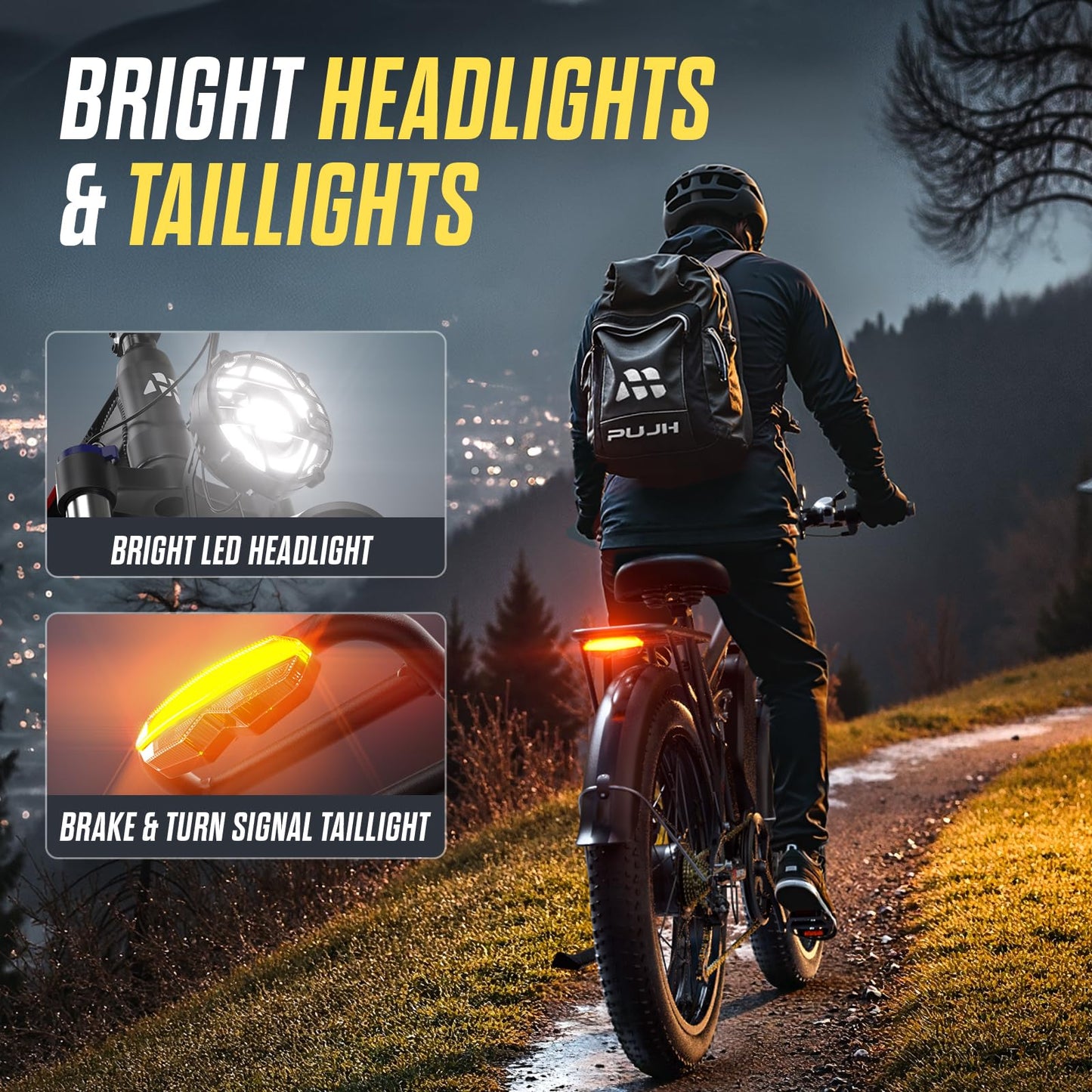PUJH Electric Bike for Adults 5000W Dual Motors 60V 25Ah 24'' Fat Tire Fast Up to 45mph 35-100 Mileage Full Suspension Hydraulic Brake Class 3 Off-Road Mountain AWD Hunting Ebike for Men Women Black