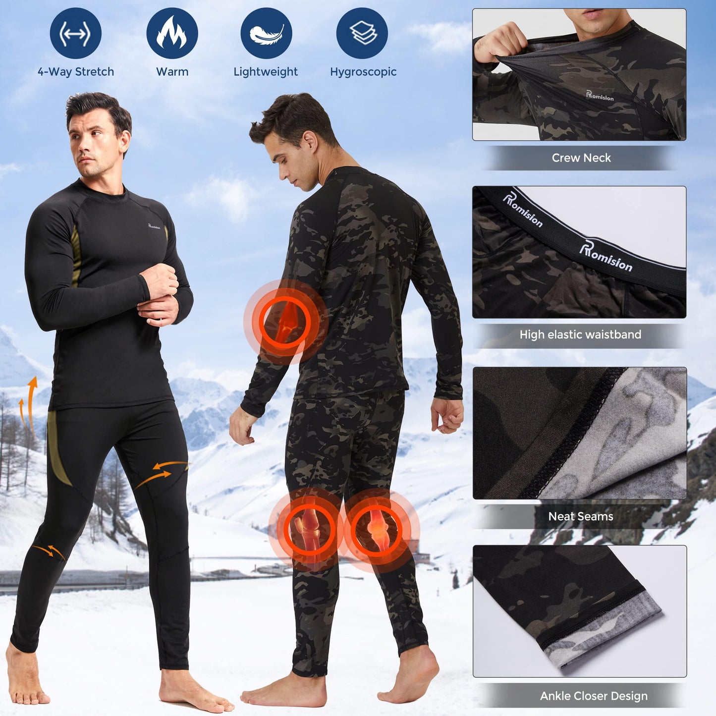 romision Thermal Underwear for Men - 2 Pack Sets Ultra Soft Long Johns - Warm Base Layers with Fleece Lined for Cold Weather