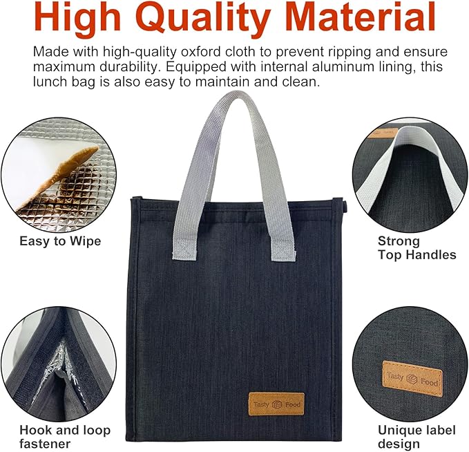 Mziart Minimalist Lunch Bag, Reusable Insulated Bag for Women Men Box Container Leakproof Simple Bento Tote Adults Cooler Work Office Picnic or Travel (Black) M23HK-LB-005-JJ