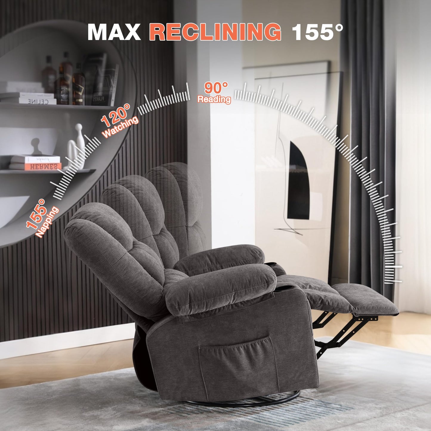 Power Swivel Recliner Chair with Rocking Function for Living Room, Oversized Rocker Recliner Single Sofa with Ergonomic, Side Pocket, Two Cup Holders and USB Charge Port for Adults