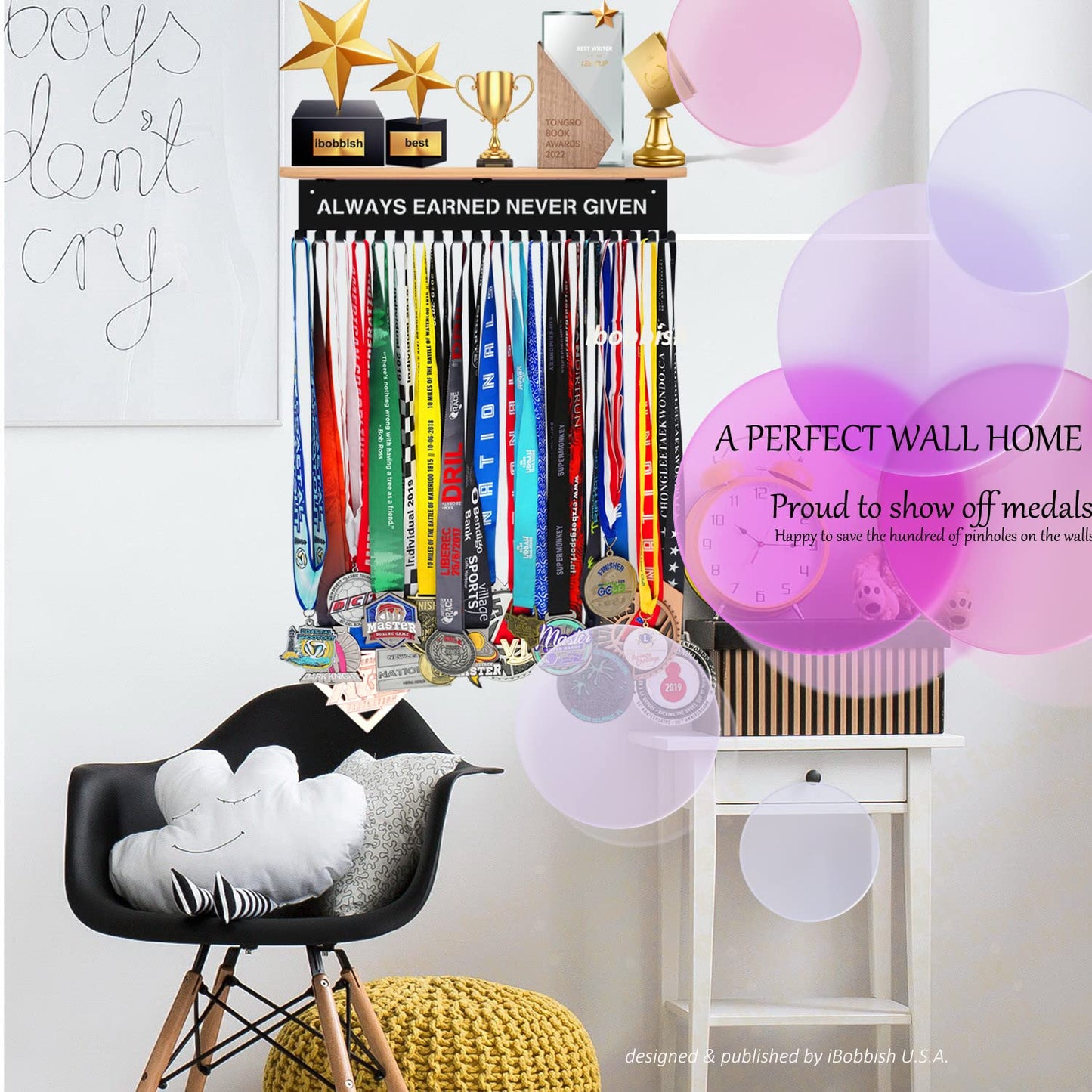 ALWAYS EARNED NEVER GIVEN Trophy and Medal Hanger Display Shelf,Soccer Trophy Shelf with 20 hooks for Medals,Sturdy Soccer Trophy Shelf in Black Metal Wall Mount Over big Medals Trophy Display Shelf