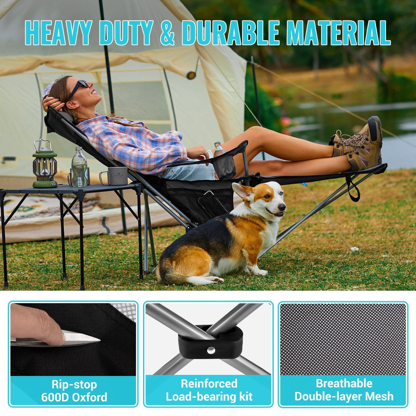 #WEJOY 2-in-1 Reclining Camping Chair with Footrest for Adults Folding Lounge Chair with Adjustable Backrest Lightweight Camping Chairs Heavy Duty Camp Chairs for Outdoor (1, Black Grey)