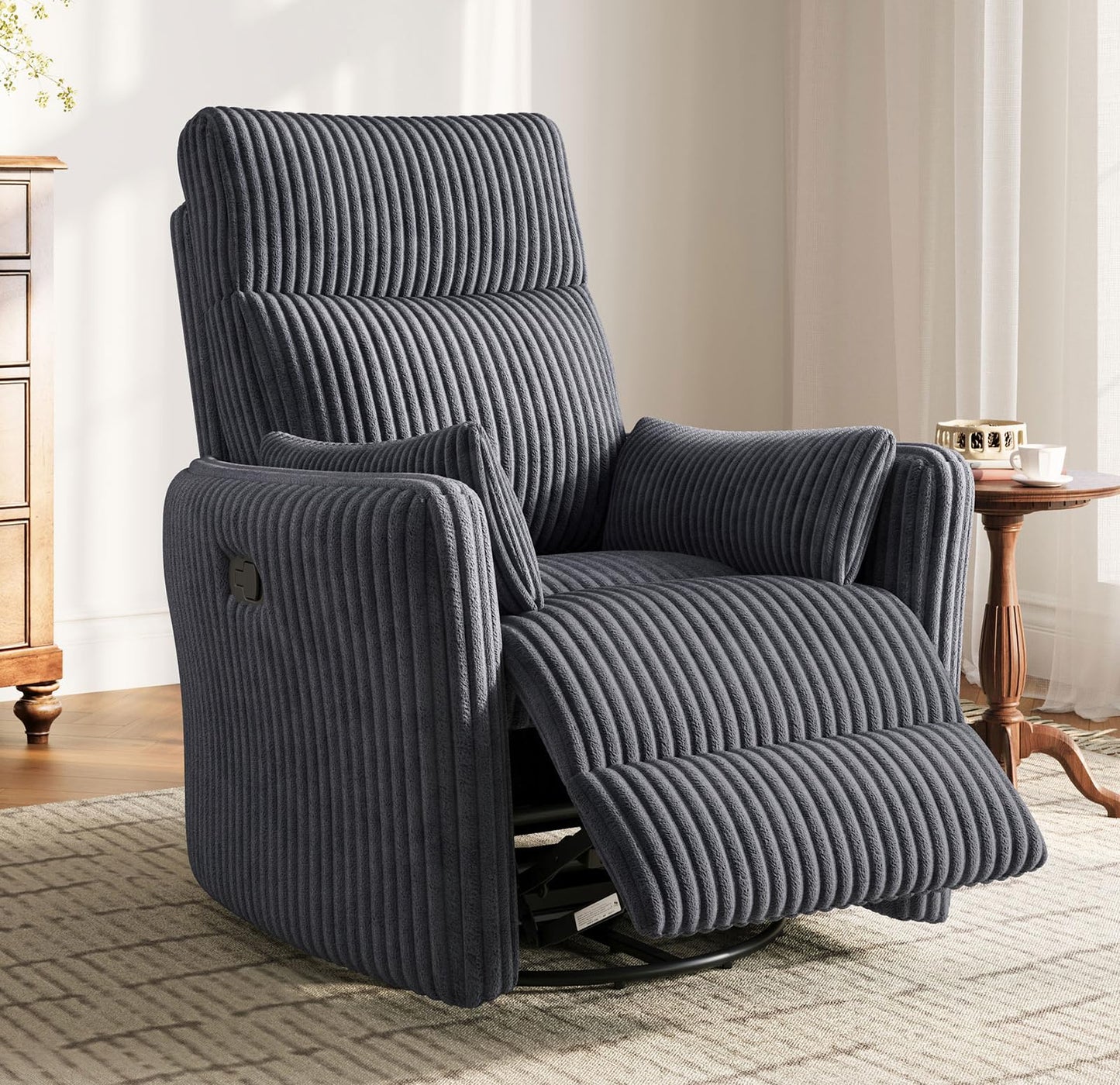 LINSY 360 Swivel Rocker Recliner - Corduroy Nursery Glider Rocking Chair with 2 Pillows, Comfy High Back Adult Recliner for Small Spaces, Nursery Bedroom Living Room Reclining Chairs (Grey)