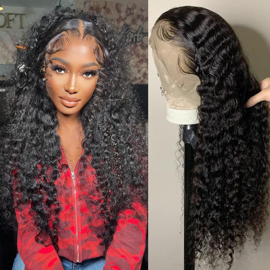 Aonou 13x4 Deep Wave Lace Front Wigs Human Hair Pre Plucked 180% Density HD Transparent Lace Closure Wigs Human Hair for Women 24 Inch Curly Frontal Wig Brazilian Virgin Human Hair (24 inch)