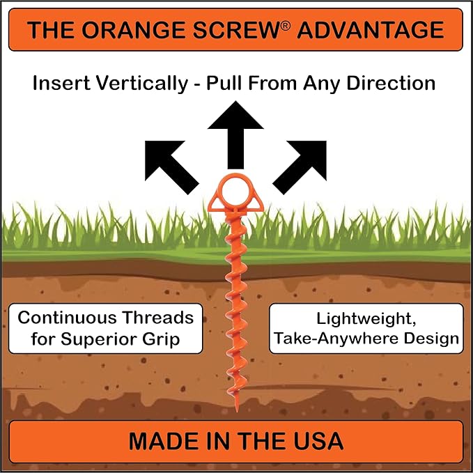 Ultimate Ground Anchors: Heavy Duty Screw-in Tent Stakes for High Wind, Sand, Canopies, and Camping - Made in USA, 100% Recycled, Included T-Grip Tool - (Large, Single Pack, Orange)