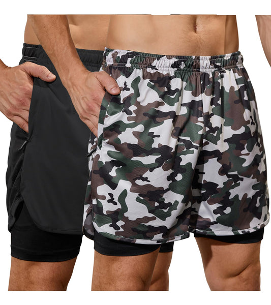 SILKWORLD Men Running Shorts 2 Piece Stretch Athletic Shorts Gym Shorts with Compression Liner, Black/Army Green Camo, Medium