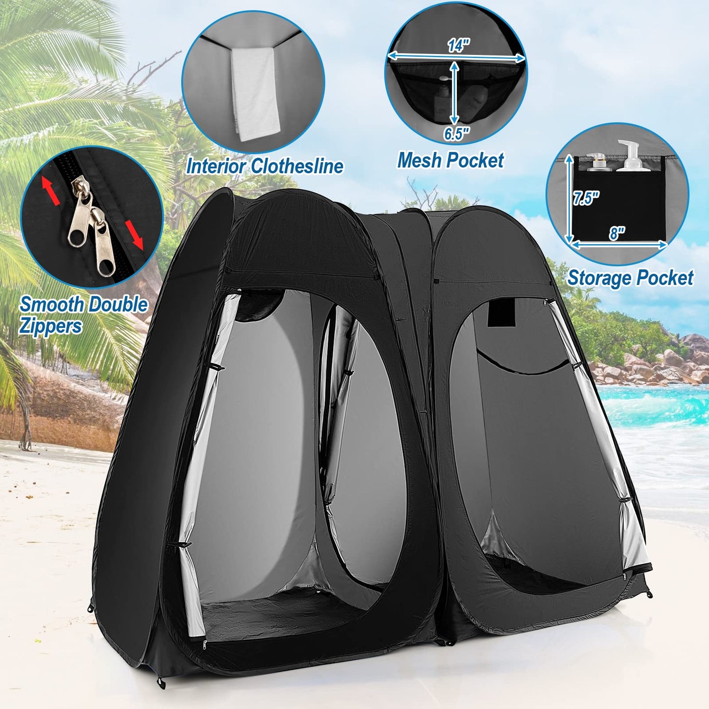 Goplus 2 Room Pop Up Shower Tent, 6.3FT Outdoor Portable Changing Room with Ground Stake, Wind Rope, Carry Bag, Window, Clothesline, Pocket, Privacy Instant Bathroom Tent for Camping Toilet