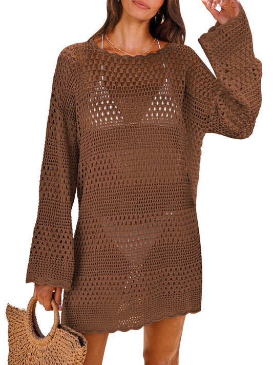 ANRABESS Women Swimsuit Crochet Swim Cover Up 2024 Summer Bathing Suit Swimwear Mesh Knit Beach Dress Vacation Outfits Brown Small