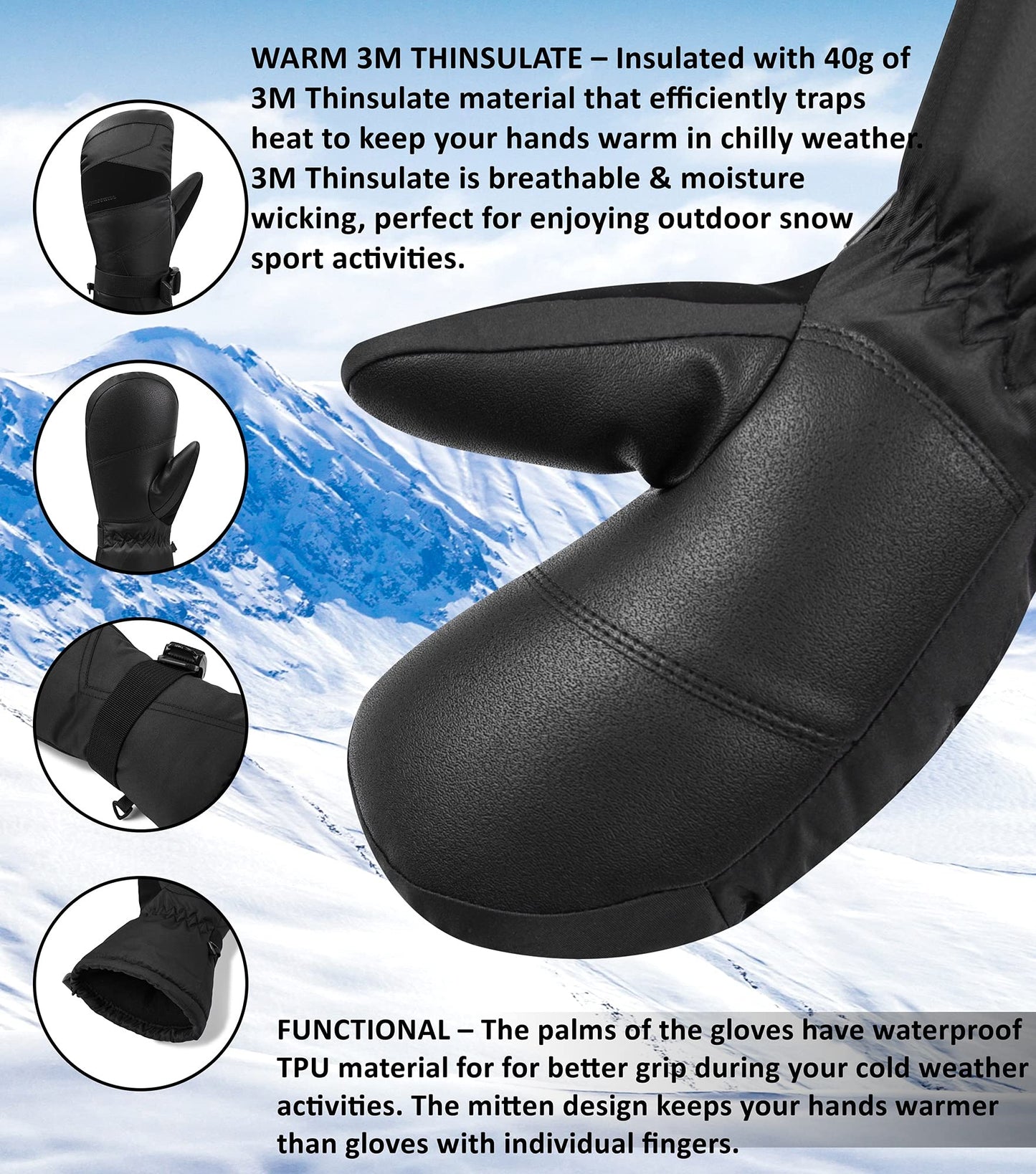 Alpine Swiss Mens Waterproof Gauntlet Ski Mittens Winter Sport Gloves Snowboarding Windproof Warm 3M Thinsulate Black XL