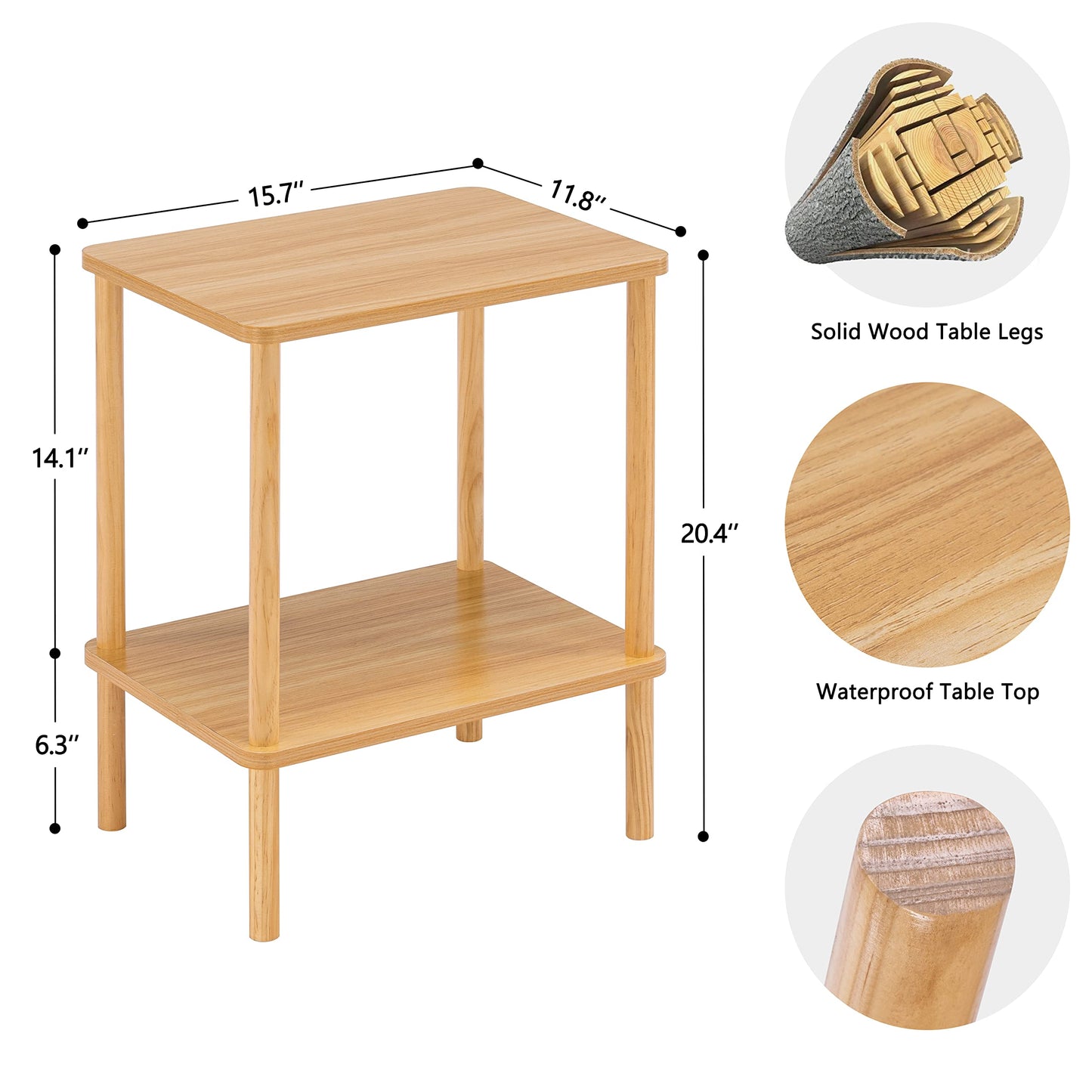 Apicizon 2 Tier End Table, Small Side Table with Solid Wood Legs, Boho Bedside Table with Storage Shelf, Nightstand for Small Spaces, Bedroom, Living Room, Entryway, Farmhouse, Easy Assembly, Natural