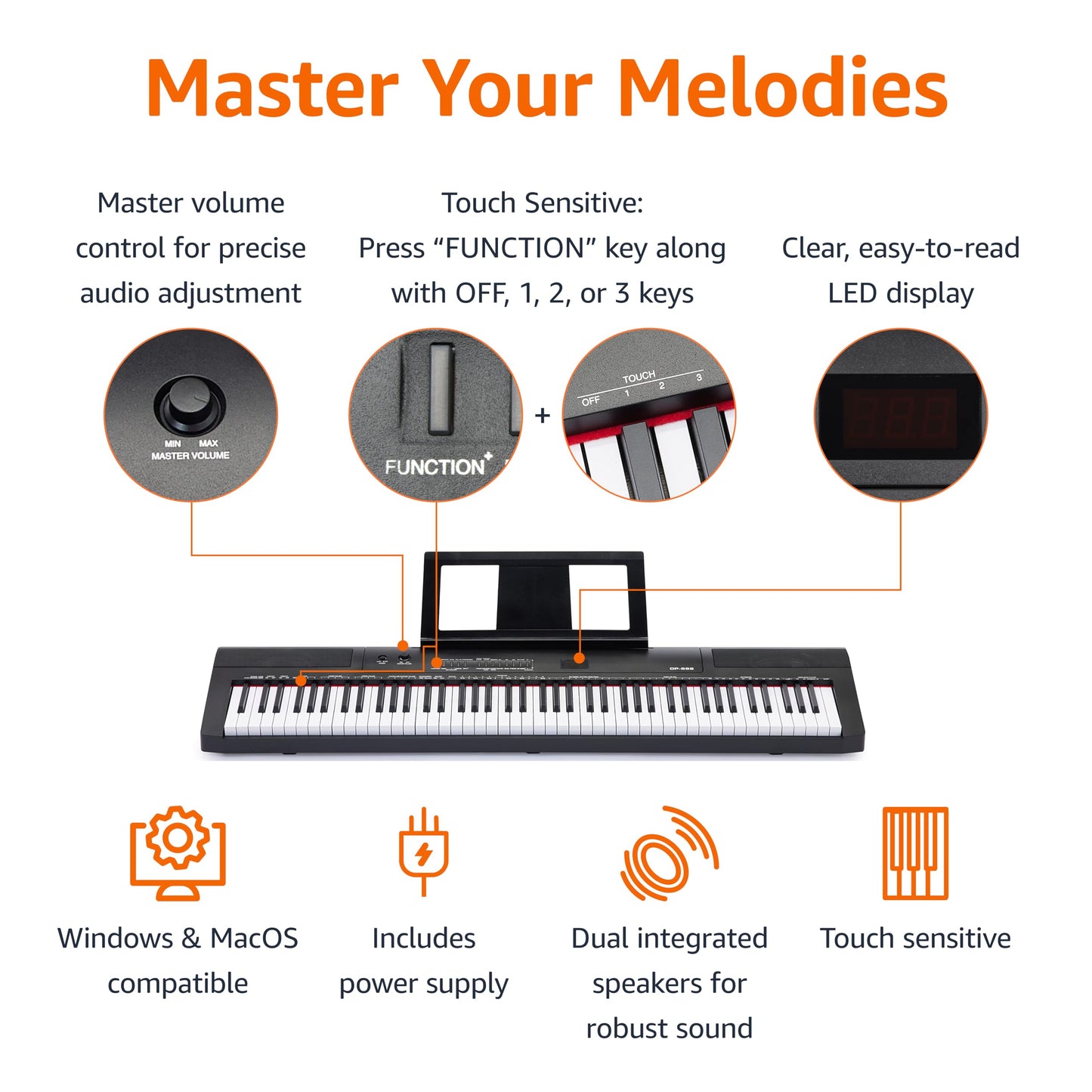 Amazon Basics Electric Keyboard 88-Keys, Semi-Weighted Digital Piano For Performance with Sustain Pedal, Power Supply, 2 Speakers, Lesson Mode, Black