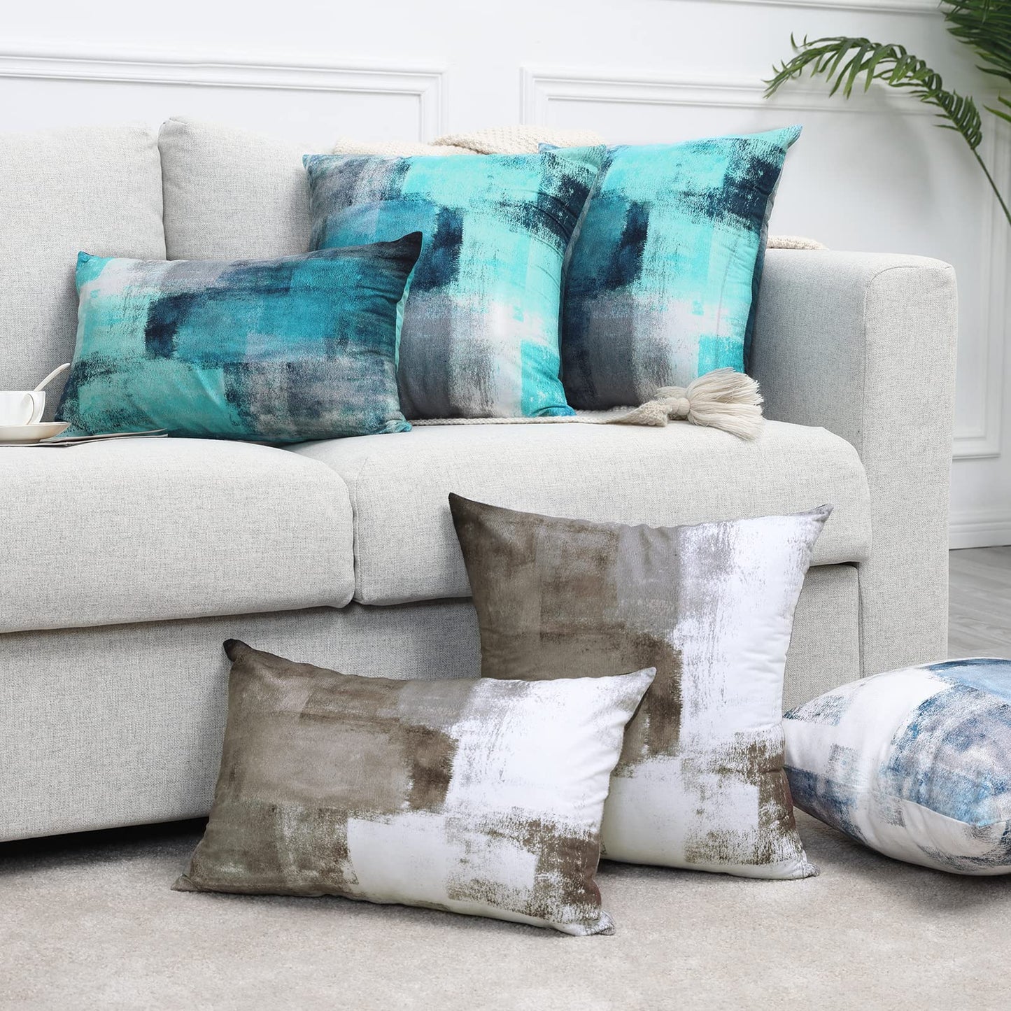 Alricc Set of 2 Turquoise and Grey Art Artwork Contemporary Decorative Gray Home Decorative Throw Pillow Covers Cushion Covers for Bedroom Sofa Living Room 18X18 Inches