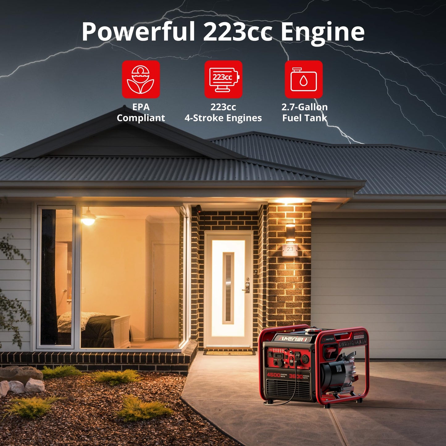 AMERISUN 4500W Portable Gas Inverter Generator with CO Detection: Lightweight, Quiet, EPA-Compliant for Home, Emergency Backup, and Outdoor Adventures