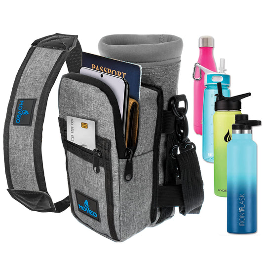 Water Bottle Holder/Carrier, Insulated w/Adjustable Shoulder Strap & Front Pockets - Comfortable Crossbody Water Bottle Holder - Water Bottle Sling Fits 16oz to 25oz Bottles