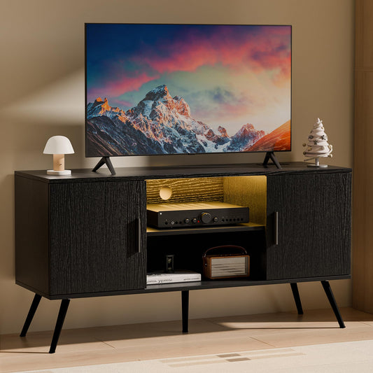 Algglobuy TV Stand for 65 Inch TV, Entertainment Center with RGB LED Light, Small Television Stands with Storage & Adjustable Shelves, Modern Media TV Console with for Bedroom, Living Room (Black)