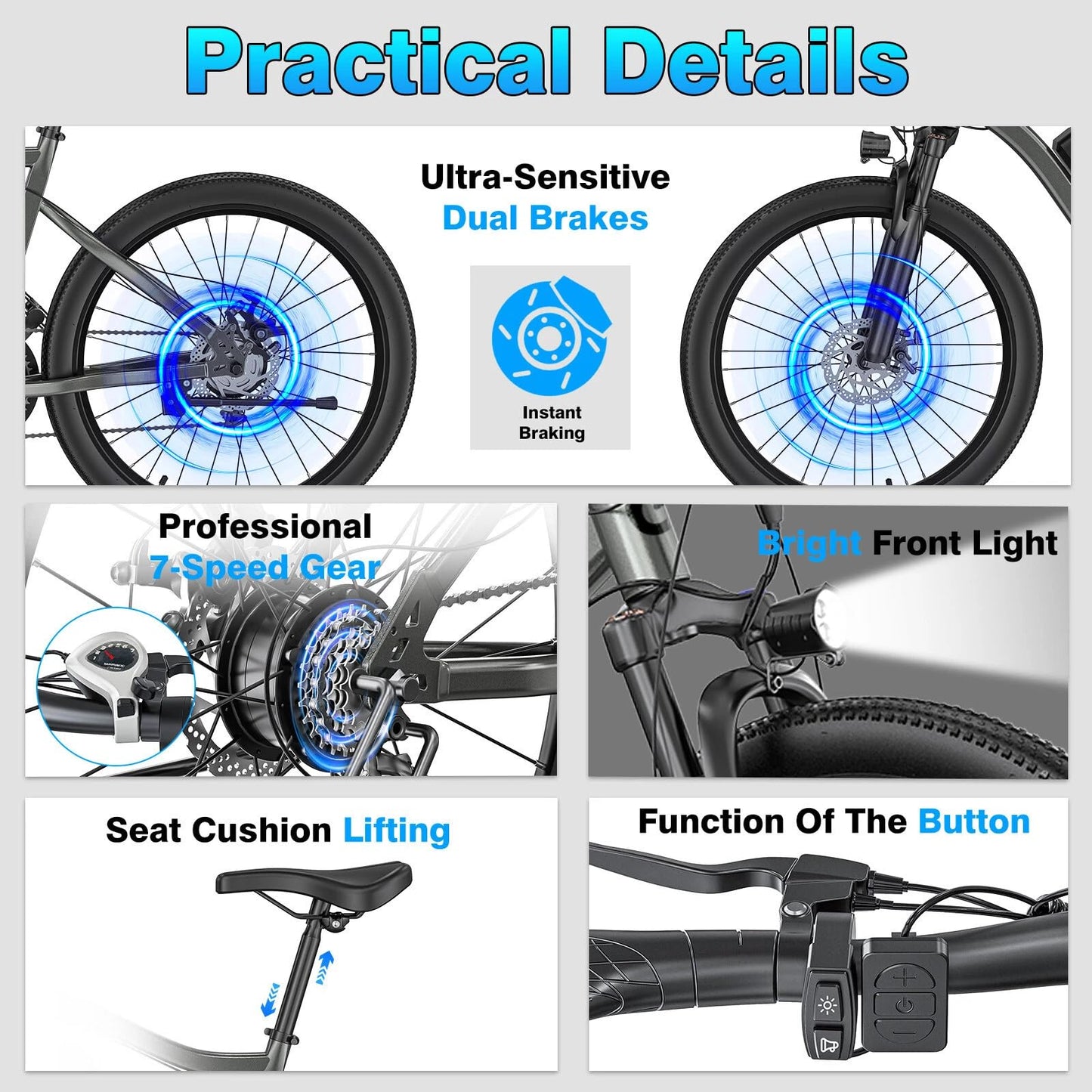 Electric Bike for Adults，Peak 520W Motor Electric Mountain Bike，26" Electric Bike 40Miles 20MPH, 36V Removable Battery with 7-Speed, LCD Display, Dual Disc Brakes & Front Fork Suspension (Grey)