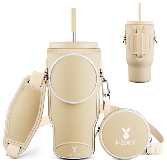 Meoky Water Bottle Carrier Bag with Phone Pocket for 40 oz Tumbler with Handle, Neoprene Water Bottle Holder Pouch with Adjustable Strap, 2 Carabiner Clips (Cream)