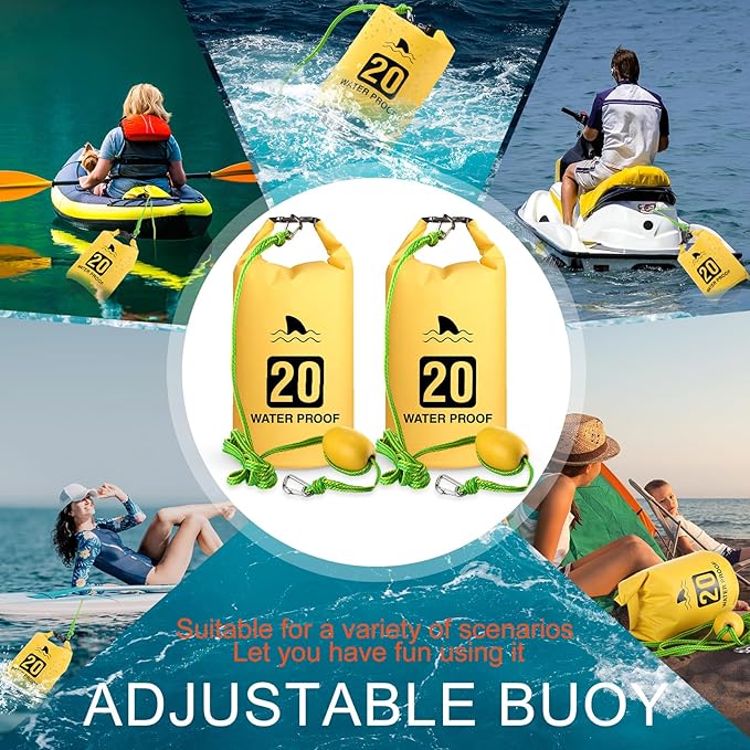 2 Set 20L Sand Anchor Heavy Duty Buoy Kit 2 in 1 Kayak Anchor Floating Waterproof Dry Bag with High Visibility Float Rope for Lake Beach Boat Hiking Camping Water Sports Surfing Kayaking(Yellow)