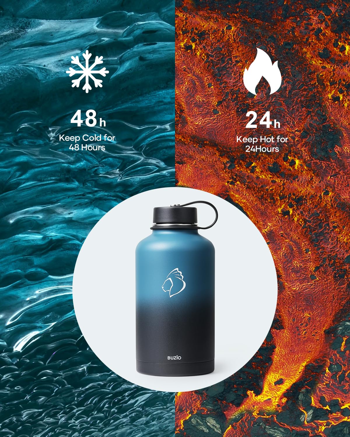 BUZIO Insulated Water Bottle with Straw Lid and Flex Cap, 64oz Double Wall Vacuum Stainless Steel Water Thermo Wide Mouth Lid, Cold for 48 Hrs Or Hot for 24 Hrs Sweat Proof Flask, Indigo Crush