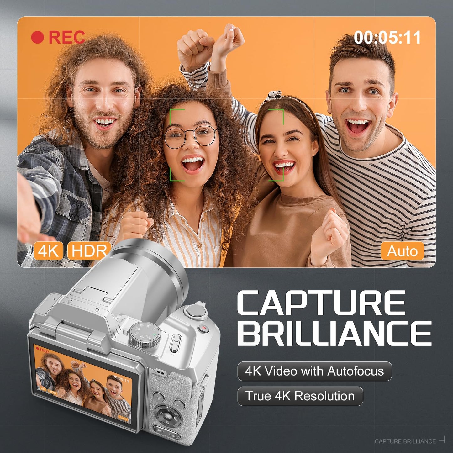 64MP Professional Digital Camera for Photography Autofocus, 5K Vlogging Camera for YouTube,16X Anti-Shake Compact Travel Camera with WiFi & App Control, Flash,SD Card, 2 Batteries (White)