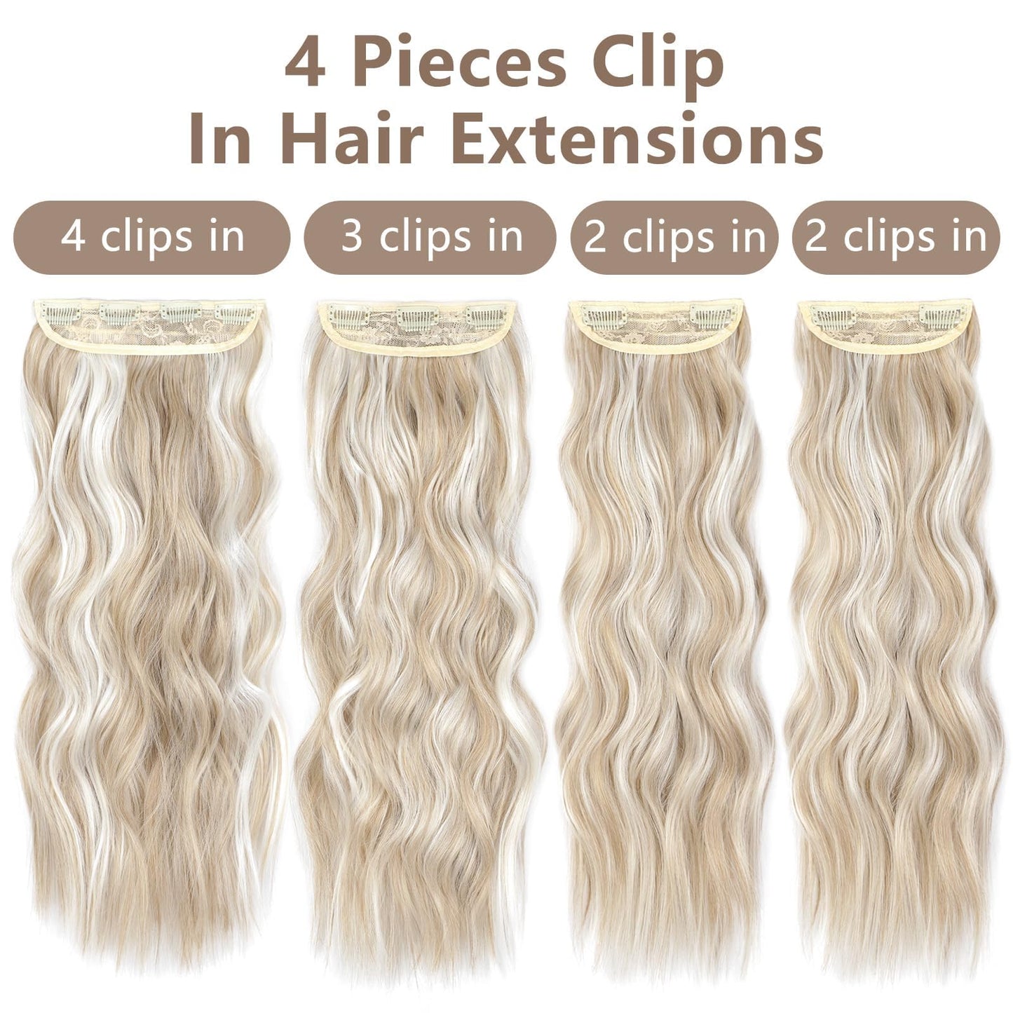 ALXNAN Clip in Long Wavy Synthetic Hair Extension 20 Inch Ash Blonde Mix Highlights 4PCS Thick Hairpieces Fiber Double Weft Hair for Women