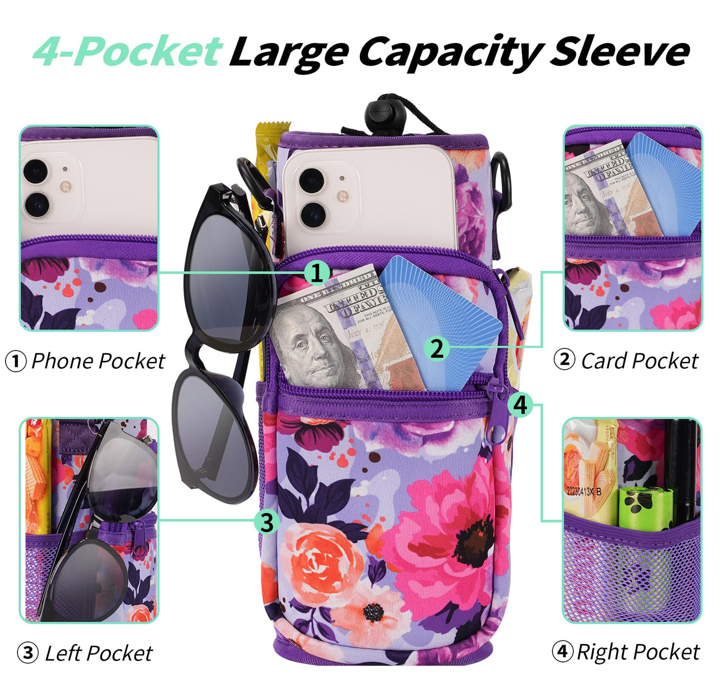 AceTreker 32 oz 40 oz Water Bottle Sleeve with 4 Pocket, Neoprene Water Bottle Carrier Bag with Strap & Paracord Handle, Metal Steel Water Flask Sling Pouch Holder for Walking Hiking-Purple Rose