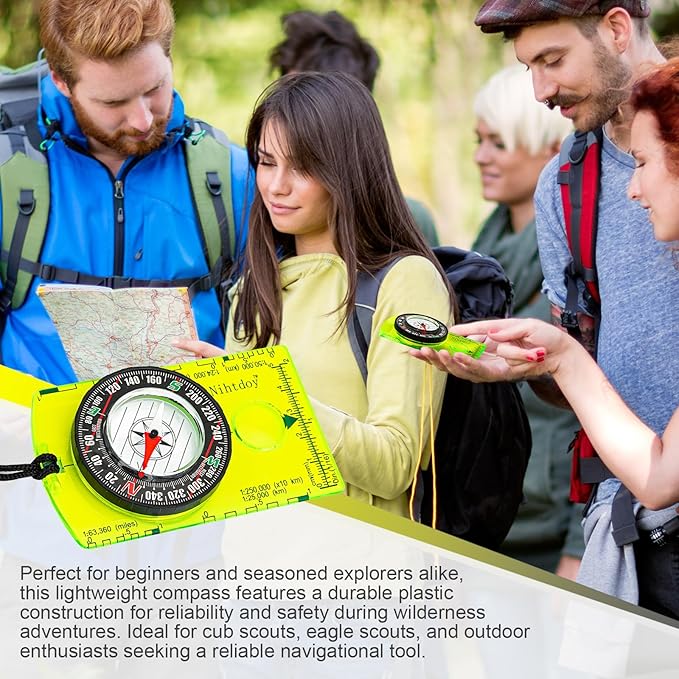 Multipurpose Outdoor Compass for Hiking, Scouting, Camping, and Navigation - Liquid-Filled, Transparent Base with Measuring Scales, Durable and Compact