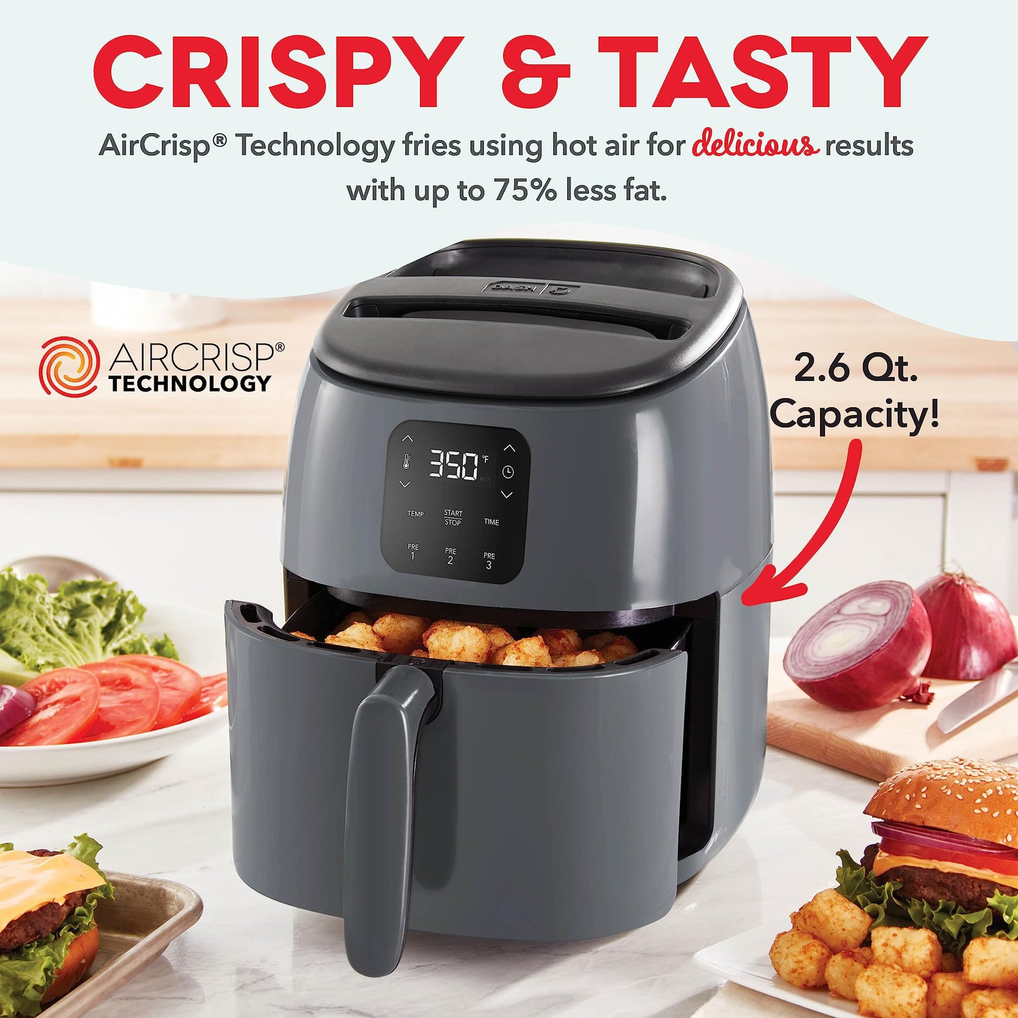 DASH Tasti-Crisp™ Electric Air Fryer Oven, 2.6 Qt., Grey – Compact Air Fryer for Healthier Food in Minutes, Ideal for Small Spaces - Auto Shut Off, Digital, 1000-Watt