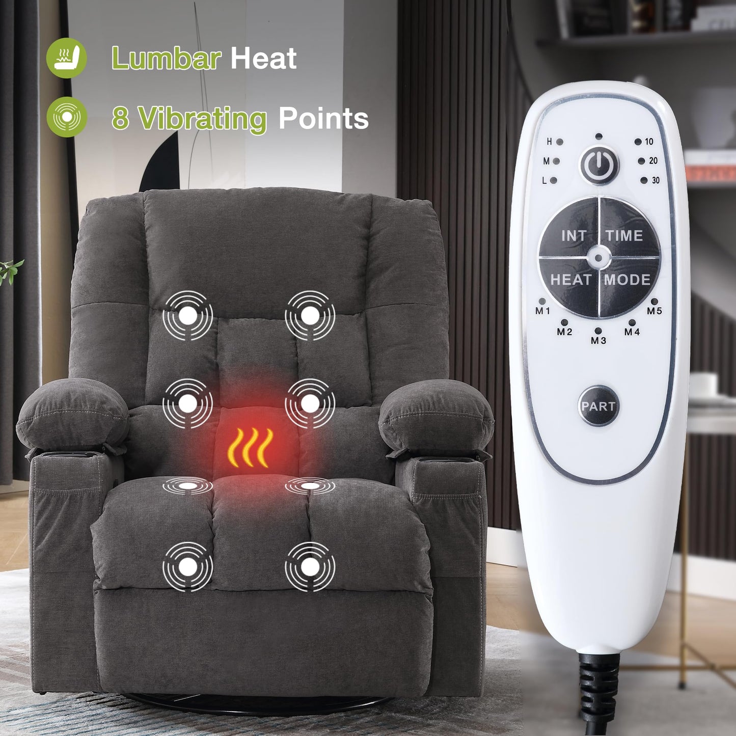 Massage Swivel Recliner Chair, Oversized Rocker Recliner with Vibration Massage and Lumbar Heat Ergonomic Rocker Chair for Living Room with Side Pocket, 2 Cup Holders, USB Charge Port