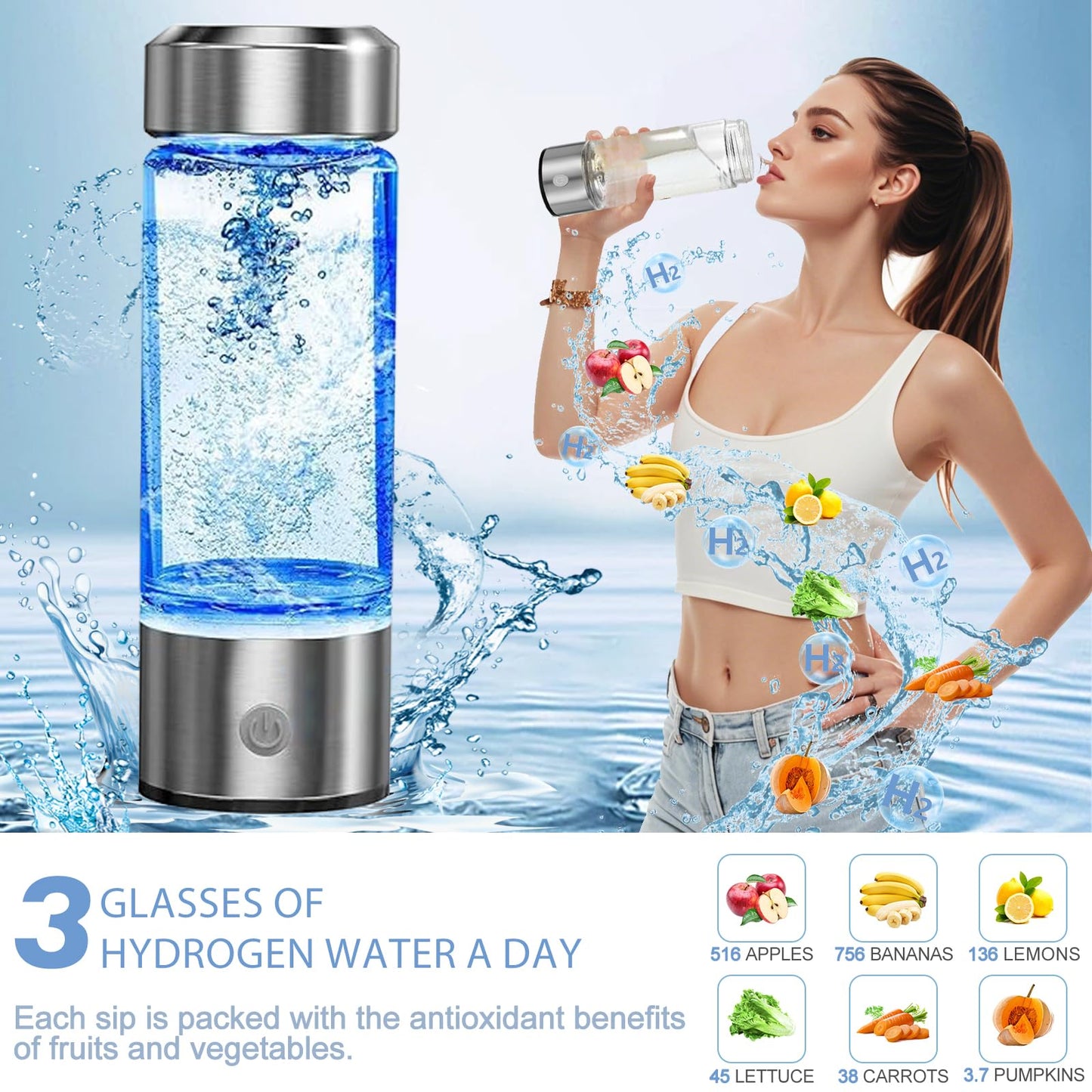 YTYOMUR 2025 New Hydrogen Water Bottle, Rechargeable Hydrogen-Rich Water Generator Machine with SPE PEM Technology,for Home Office Travel Fitness Drinking, Portable, Glass, Stainless Steel, 450ml