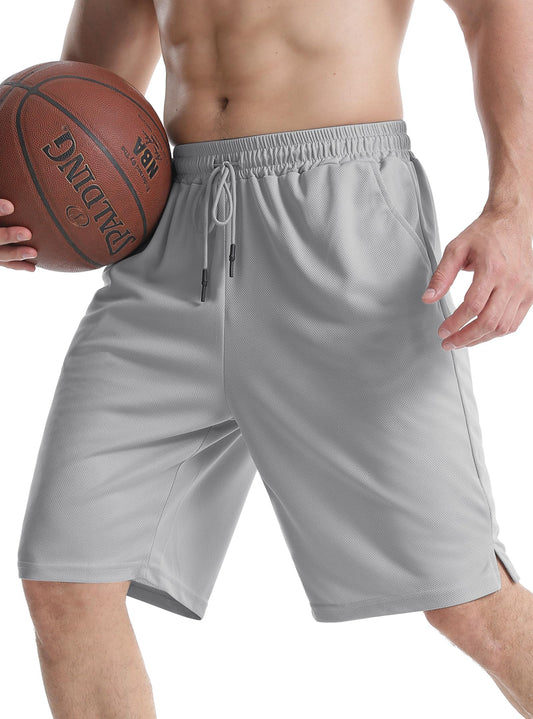 Aolesy Men's Athletic Shorts 10 inch Long Basketball Shorts Quick Dry Gym Workout Shorts with Zipper Pockets Casual Sport Shorts Light Grey