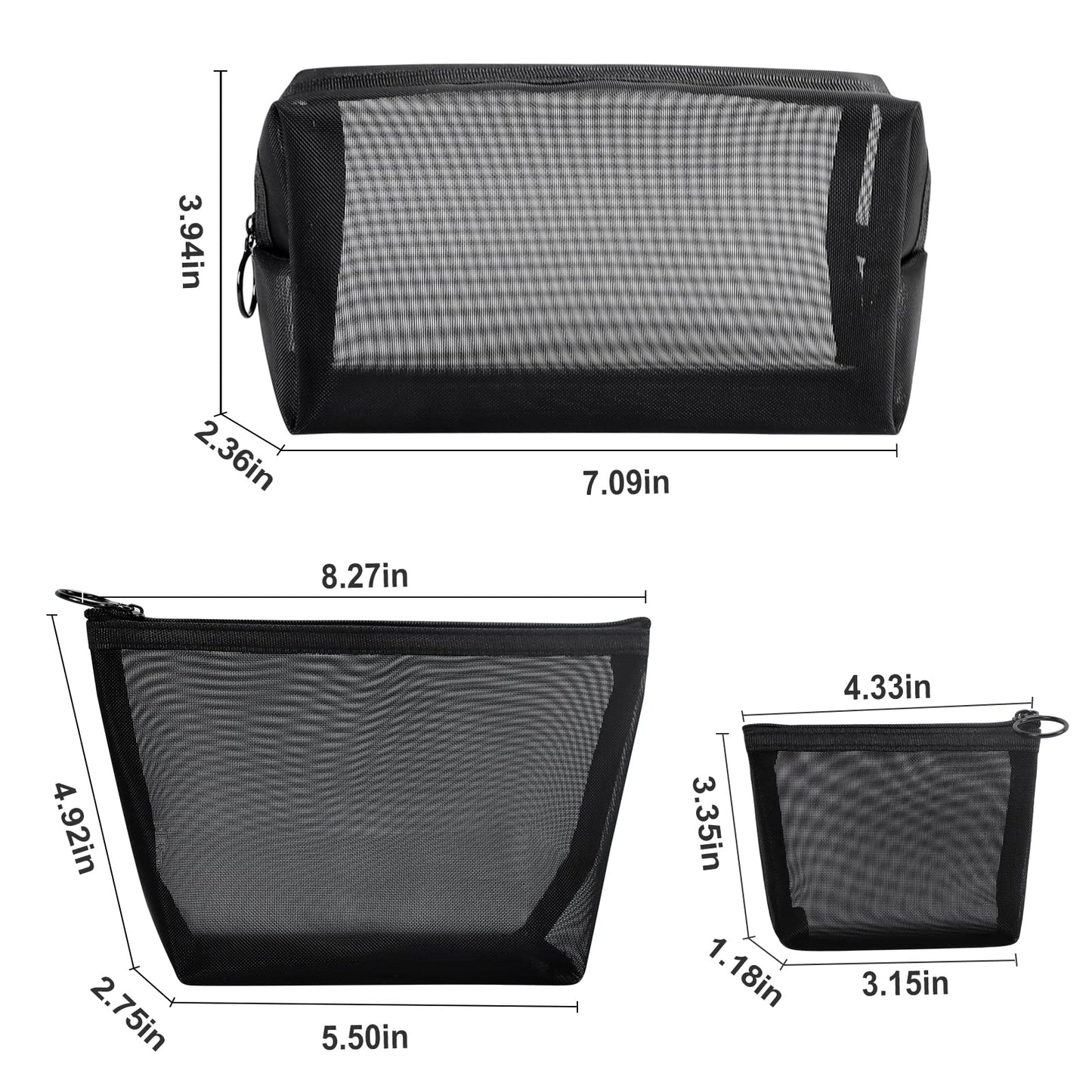 Aosbos 3-Packs Mesh Makeup Bag Set - Cosmetic Bags with Zipper, Small Pouch, Travel Purse, Portable Organizer Pouch for Toiletry Accessories, Black