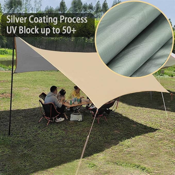 4.5X4.5m Large Camping Tarp Tent Ultralight Waterproof Hammock Rain Fly Mutifunctional Hexagon Tarpaulin Shelter for Bushcraft Picnic Backpacking Outdoor Survival (Beige Hexagonal Tarp, 15x15ft)