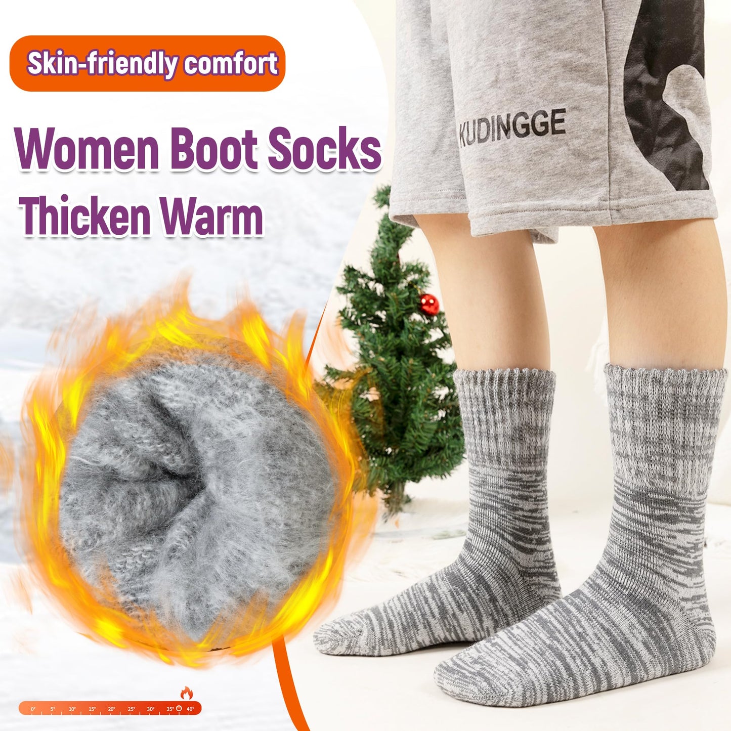 AMENLAN Women Heated Socks Ski Winter Thermal Hiking Snowboarding Thick Boot Insulated Socks 3 Pairs (3 Pairs Grey/Blue/Dark Grey)