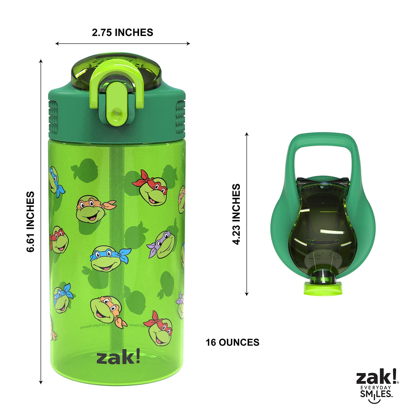 Zak Designs Teenage Mutant Ninja Turtles Kids Water Bottle For School or Travel, 16oz 2 Count (Pack of 1) Durable Plastic Water Bottle With Straw, Handle, and Leak-Proof, Pop-Up Spout Cover (TMNT)
