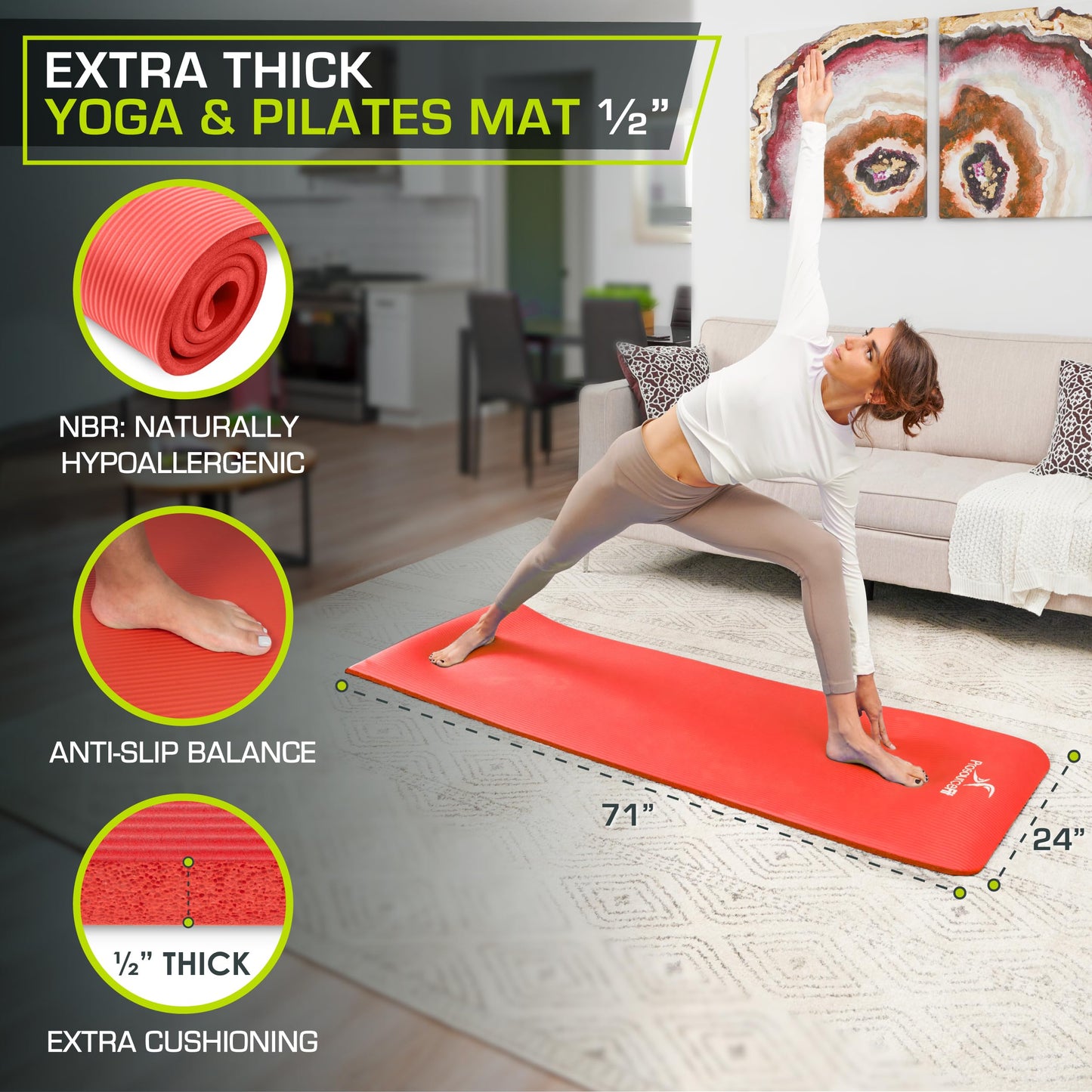 ProsourceFit Extra Thick Yoga and Pilates Mat ½” (13mm), 71-inch Long High Density Exercise Mat with Comfort Foam and Carrying Strap