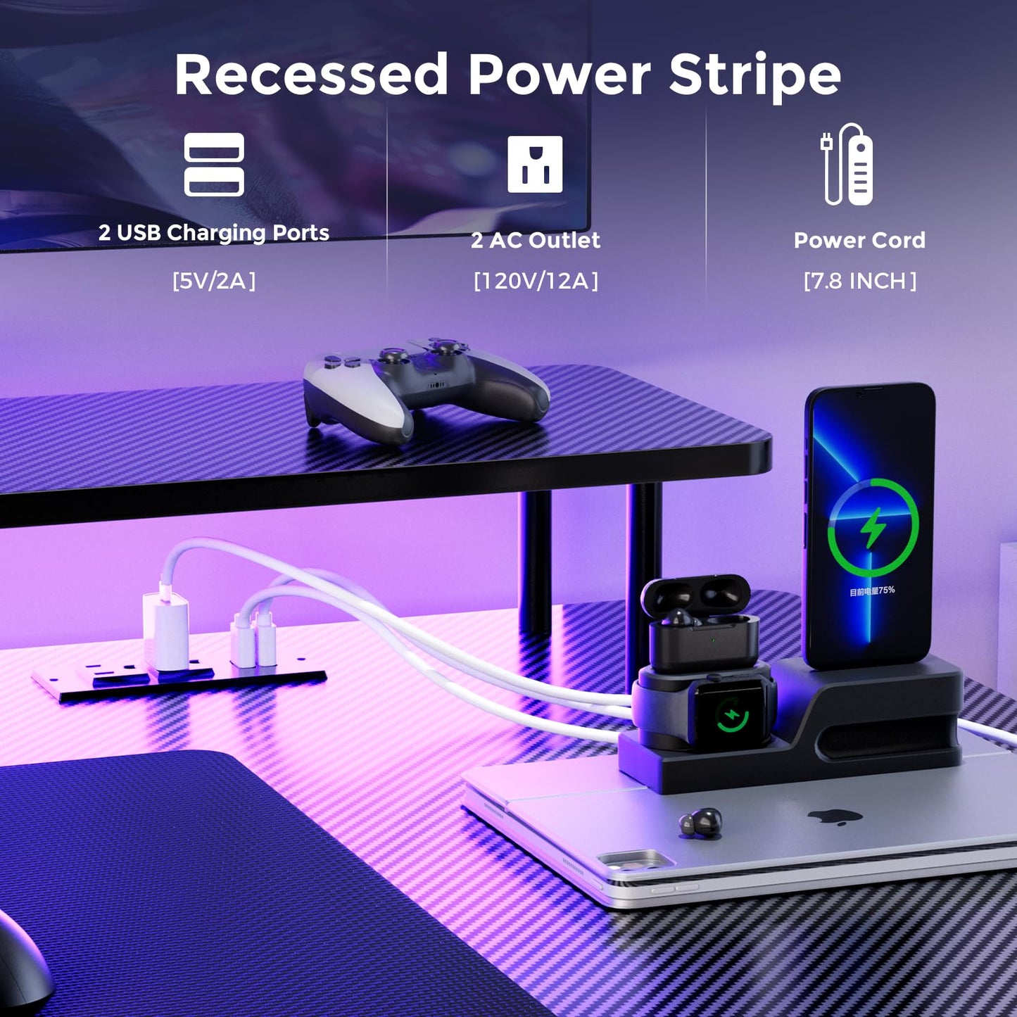 GTRACING 55 Inch Gaming Desk with LED Lights & Power Outlet, Computer Gamer Desk with Monitor Stand, Ergonomic Carbon Fiber Gaming Table Home Office Desk with Headphone Hook & Mouse Pad