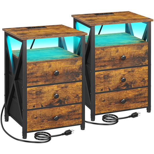 AMHANCIBLE Night Stand Set 2, LED Nightstand with Charging Station, End Side Tables with USB Port & Outlet, Bedside Tables with Fabric Drawers for Bedroom Living Room, Rustic Brown HET053LBR