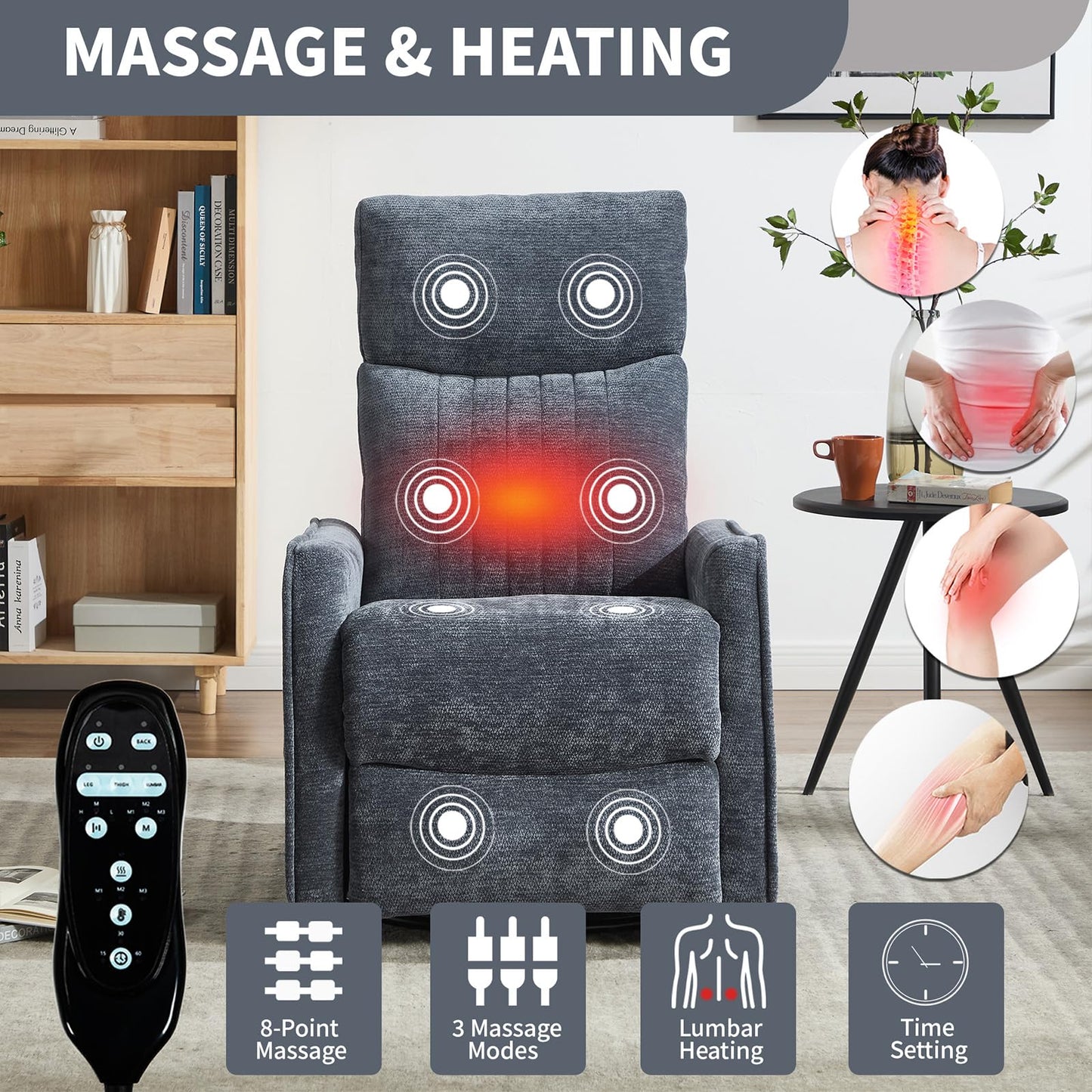 Massage Recliner Chair with Heat, Slim Recliners for for Adults, Swivel Rocking Chair Recliner with High Back, Small Recliner Chair for Small Spaces Living Room, Adjustable Footrest (Blue 2)