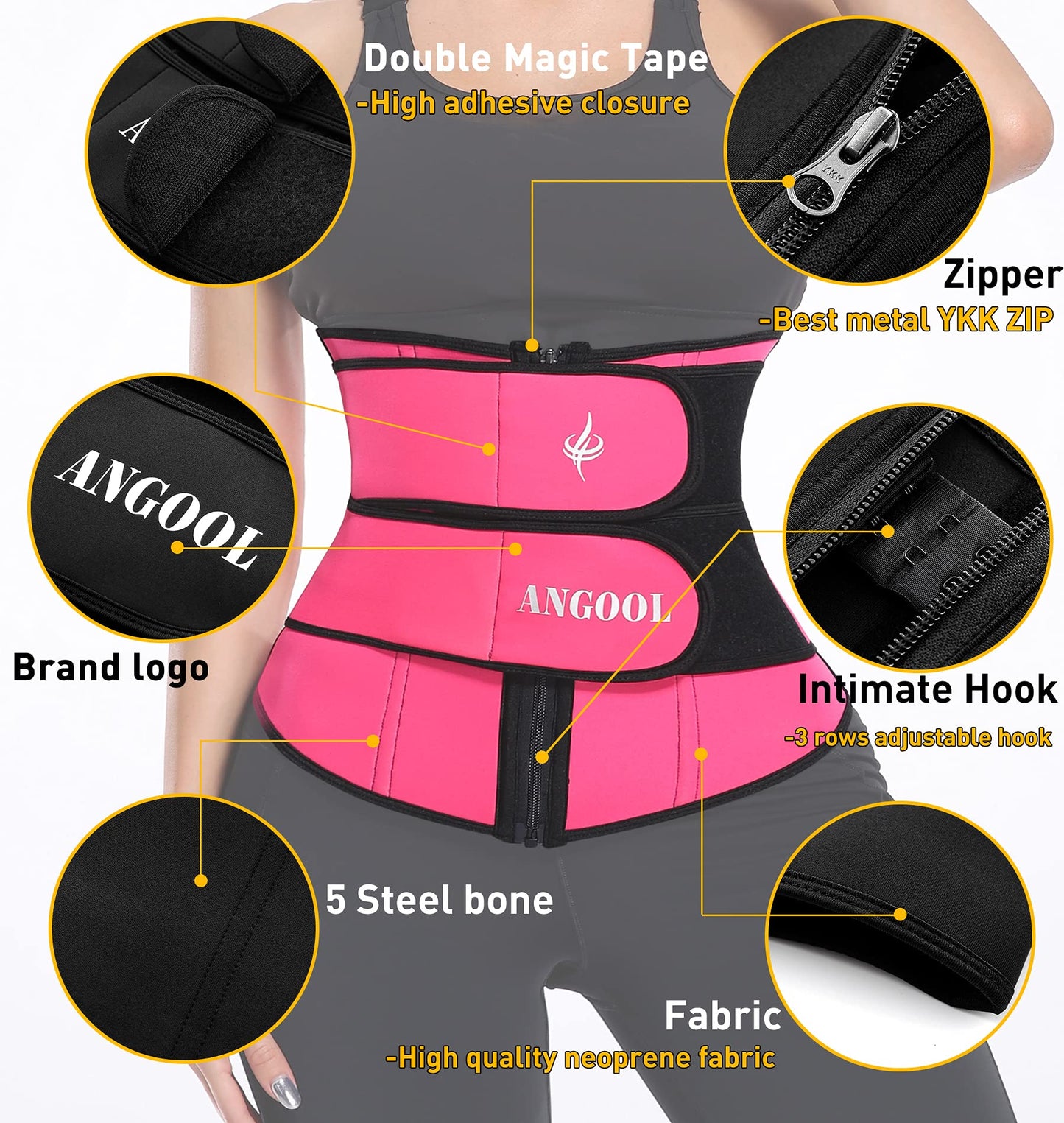 ANGOOL Neopren Waist Trainer For Women,Workout Plus Size Trimmer Belt Sauna Sweat Corset Cincher With Zipper S Pink